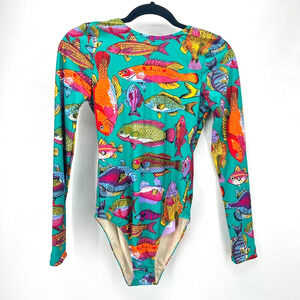 NEW La Double J Surf Suit Womens S Teal Rainbow Fishes One Piece Swimsuit Beach